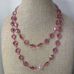 Pink Glass Crystal Gold Tone Long Necklace 36 Inch Length Elegant Jewelry
